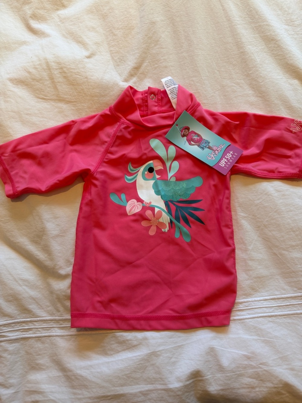 Girls' Hot Pink UPF Swim Rashguard with Tropical Parrot Graphic
